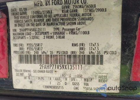 2009 Ford Crown Victoria из США, поврежденный, VIN 2FAHP71V59X135111